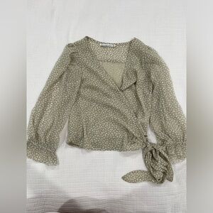 Abercrombie Green Chiffon V-Neck Wrap Top with White Print